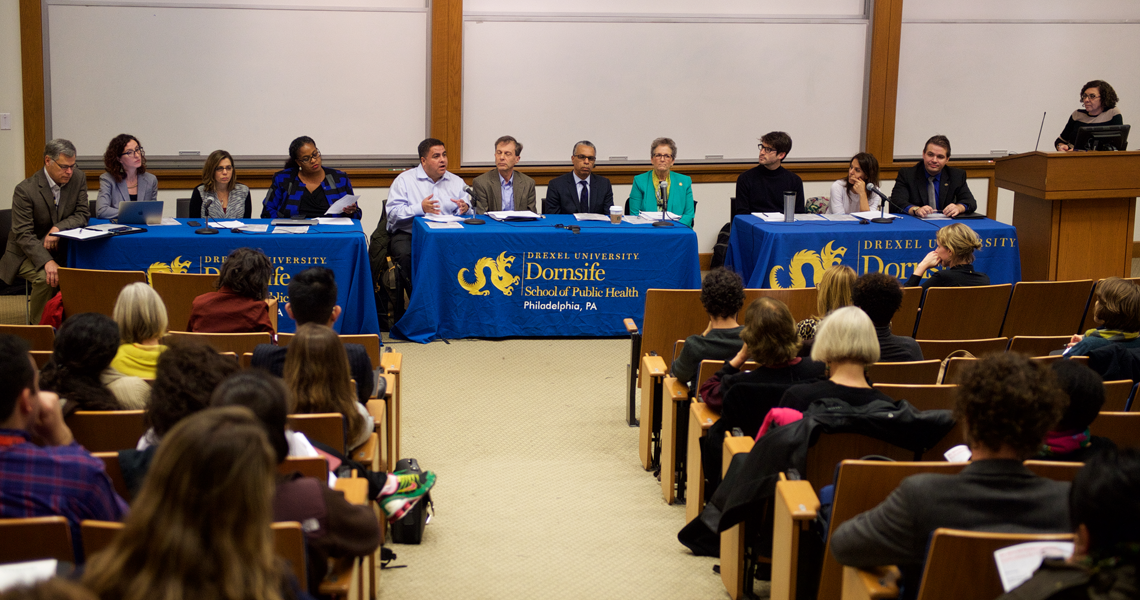 A panel of Dornsife School of Public Health faculty and staff gather at Drexel to discuss implications of the 2016 presidential election on public health. 